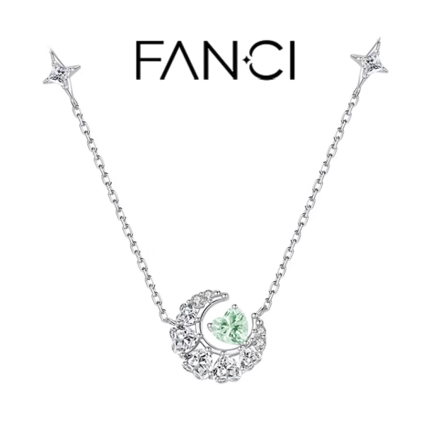 Crescent Moon Star Sterling Silver Necklace Green Classic