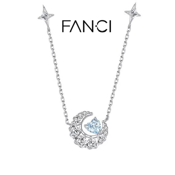 Crescent Moon Star Sterling Silver Necklace Blue Classic