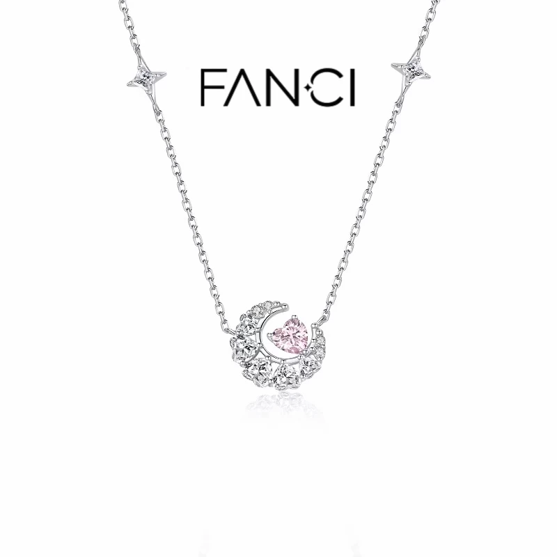 Crescent Moon Star Sterling Silver Necklace Pink Classic