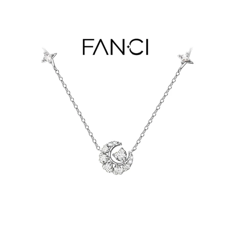 Crescent Moon Star Sterling Silver Necklace White Classic