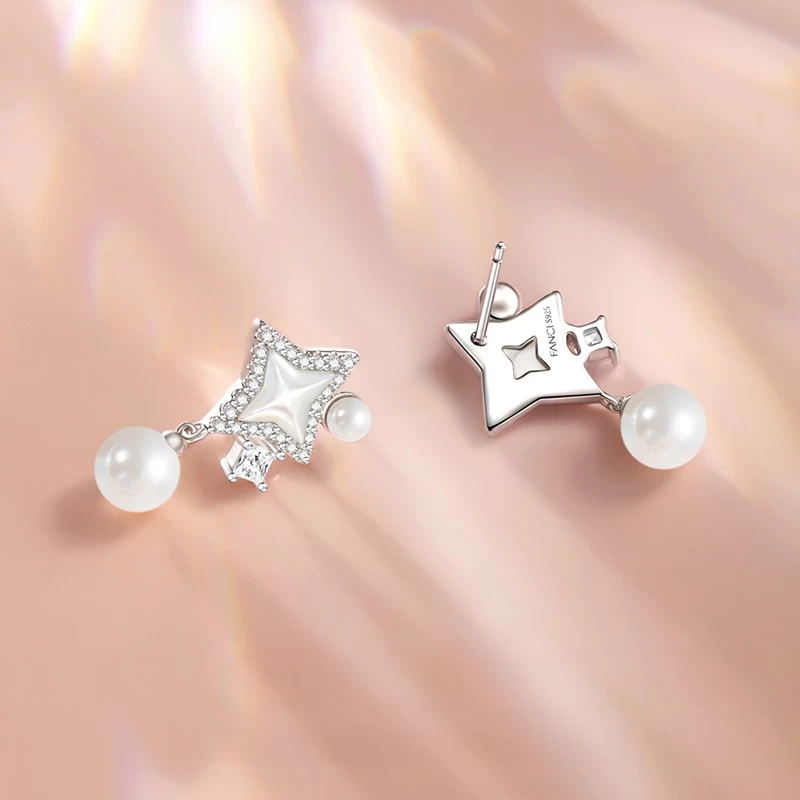 "Starlit Melody" Sterling Silver Pearl Drop Earrings