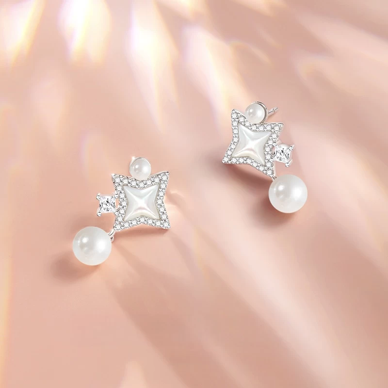 "Starlit Melody" Sterling Silver Pearl Drop Earrings